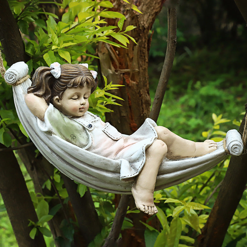 Sleeping Girl or Boy in Hammock Garden Statues 28.5cm, Ornaments for Lawn Garden Yard Decor