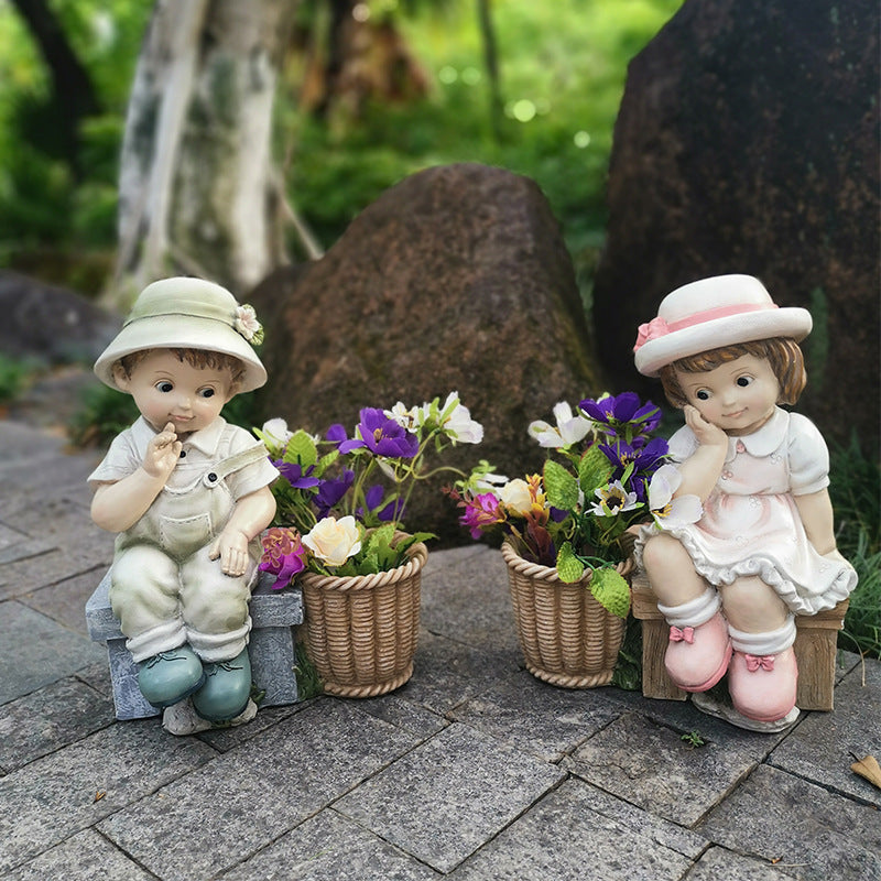 Boy and Girl Garden Statues with Pot Plant Holder 38.5cm