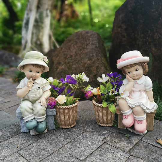 Boy and Girl Garden Statues with Pot Plant Holder 38.5cm
