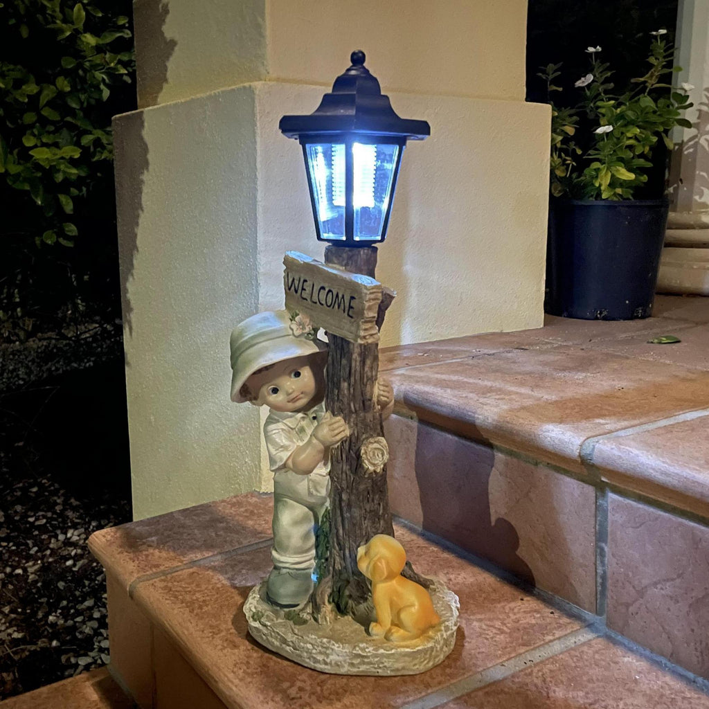 Garden Statue with Solar Lights Shy Boy and Puppy with Welcome Sign Home Greeting Large 50cm Height