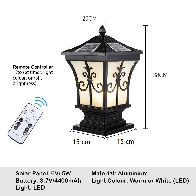 Exquisite Retro Coach Style Black Solar Pillar Lights Fence Post Top with Remote Control