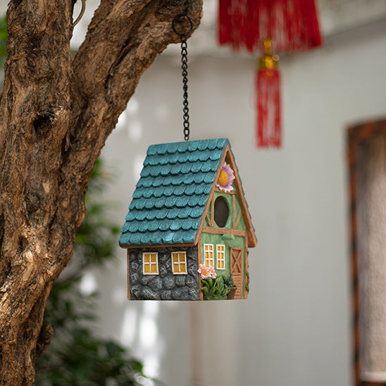 Resin Bird House Nesting Box Garden Ornament Outdoor Tree Hanging Decoration