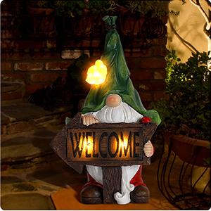 Flocked Garden Gnome Solar Garden Statue Welcom Sign 31cm, Garden Figurines for Patio Yard Lawn Decor
