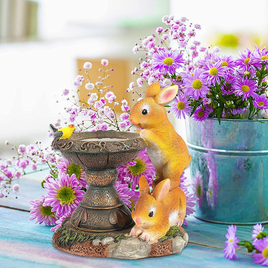 Solar Twin Rabbits Garden Statue 21.6 cm, Outdoor Rabbit and Bird Fountain Ornament with LED Light