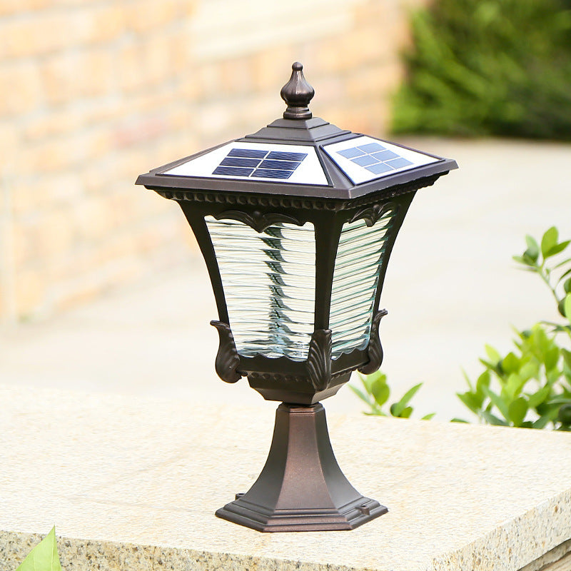 Retro Black Coffee Colour Aluminium and Glass LED Solar Light Fence Post Top with Remote Control