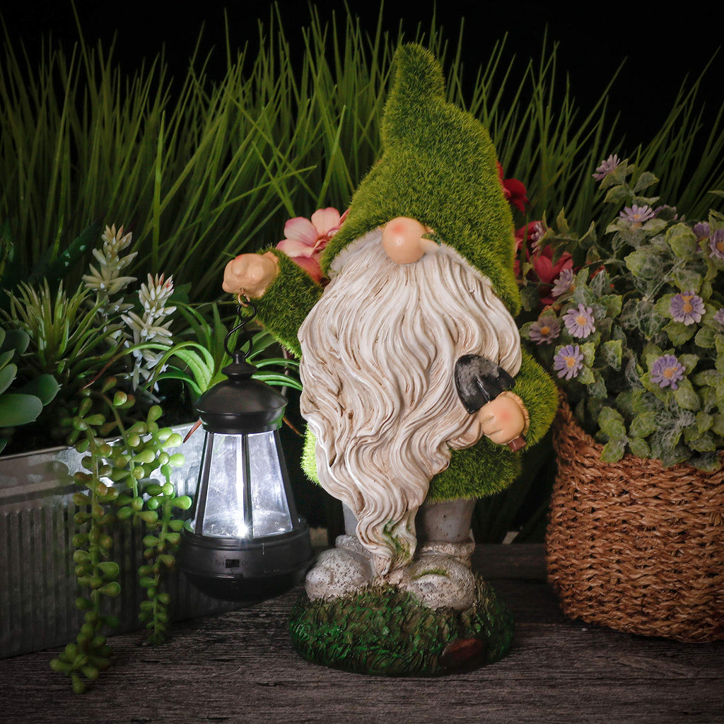 Flocked Garden Gnome Garden Statue with Solar Lights and Shovel