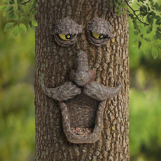Funky Tree Face Bird Food Feeder, Old Man Wild Tree Hugger Statue for Garden Decor Yard Art