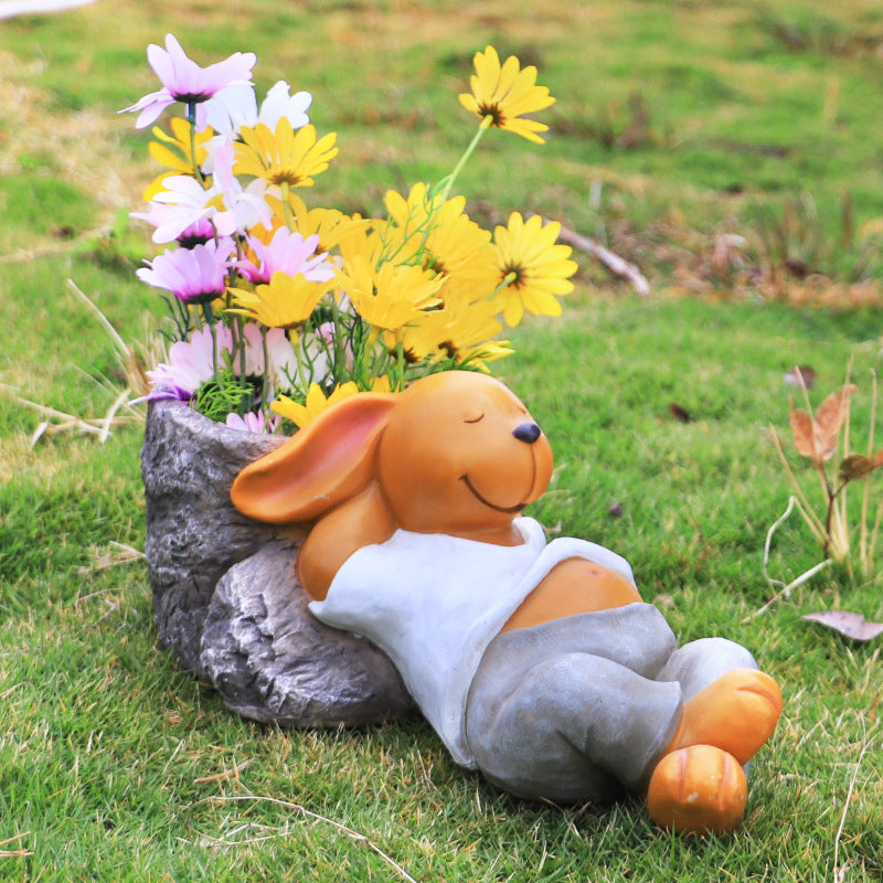 Garden Statue Sleeping Rabbit with Pot 39cm Long, Outdoor Lawn Yard Animal Figurine Ornament
