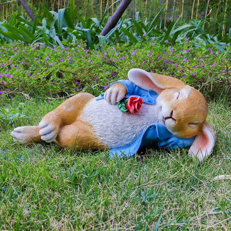 Garden Statue Sleeping Bunny Holding Flower