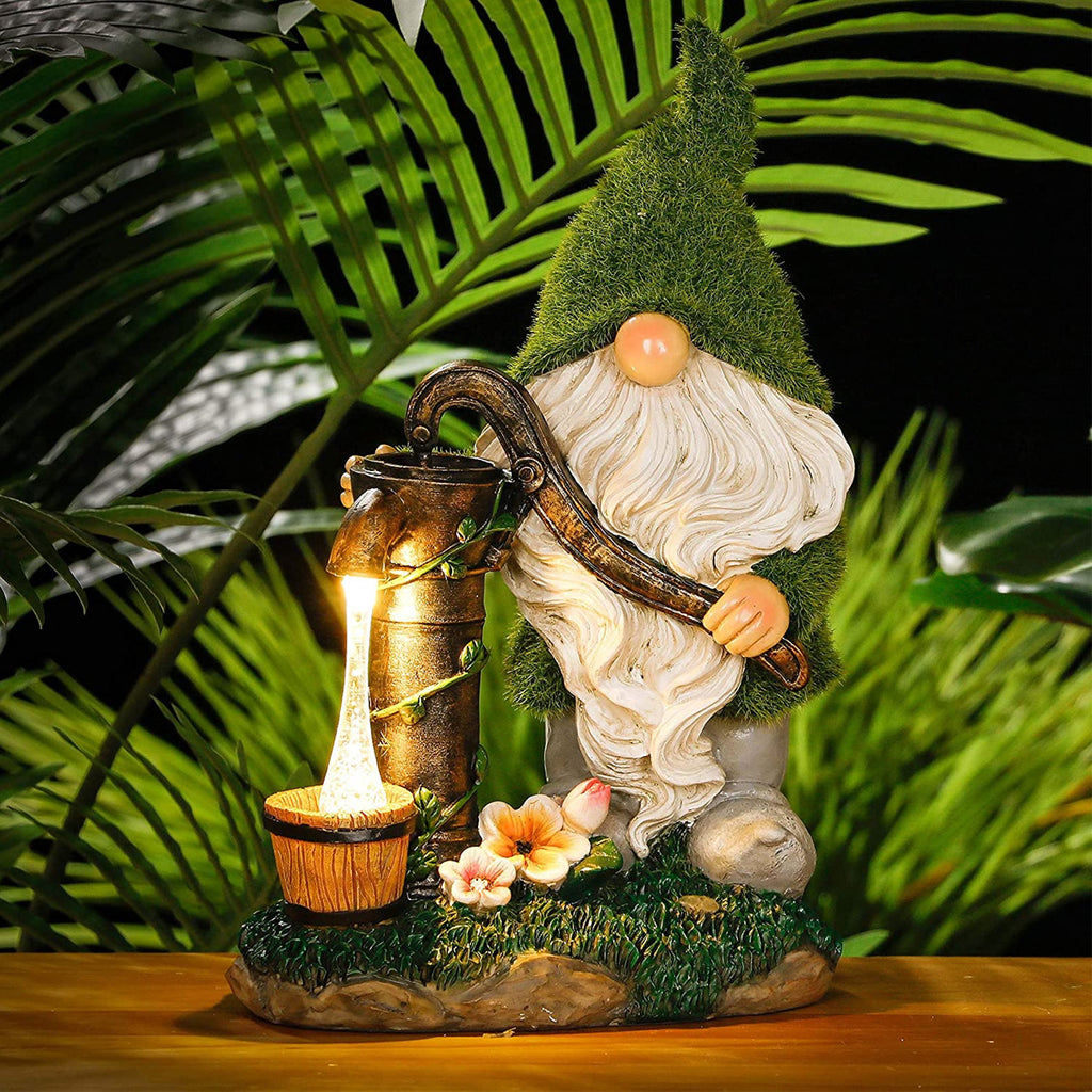 Flocked Garden Gnome Statue with Solar Lights and Hand Pump