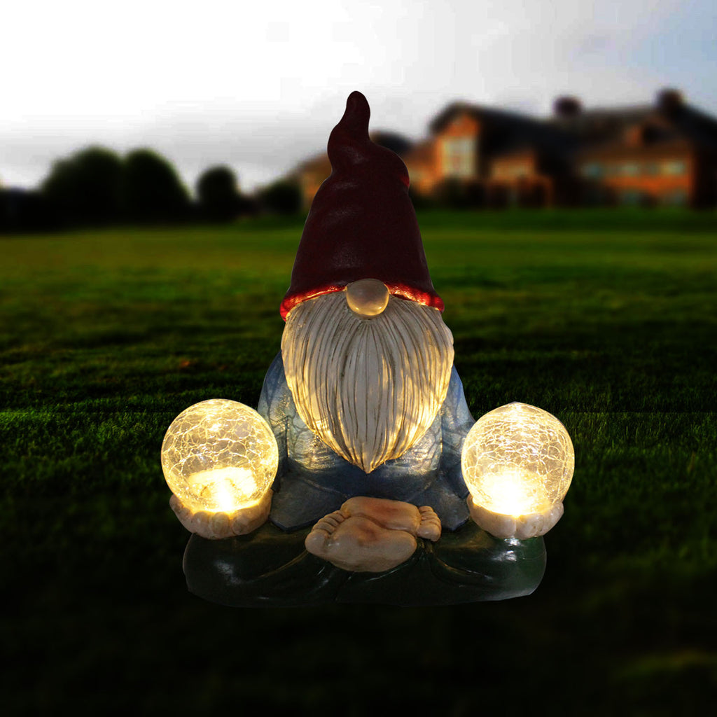 Flocked Garden Gnome Statue with Solar Lights and Crystal Balls 27cm Tall