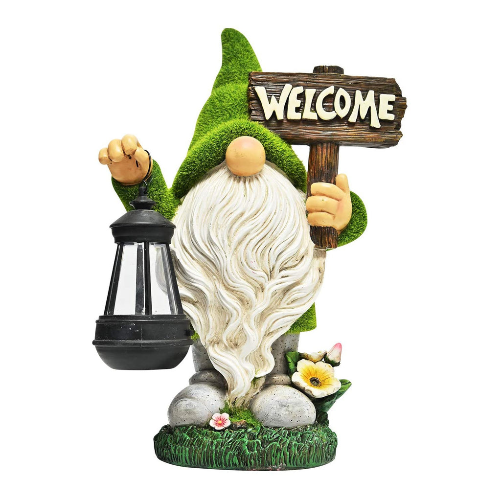 Flocked Garden Gnome Statue with Solar Lights and Welcome Sign