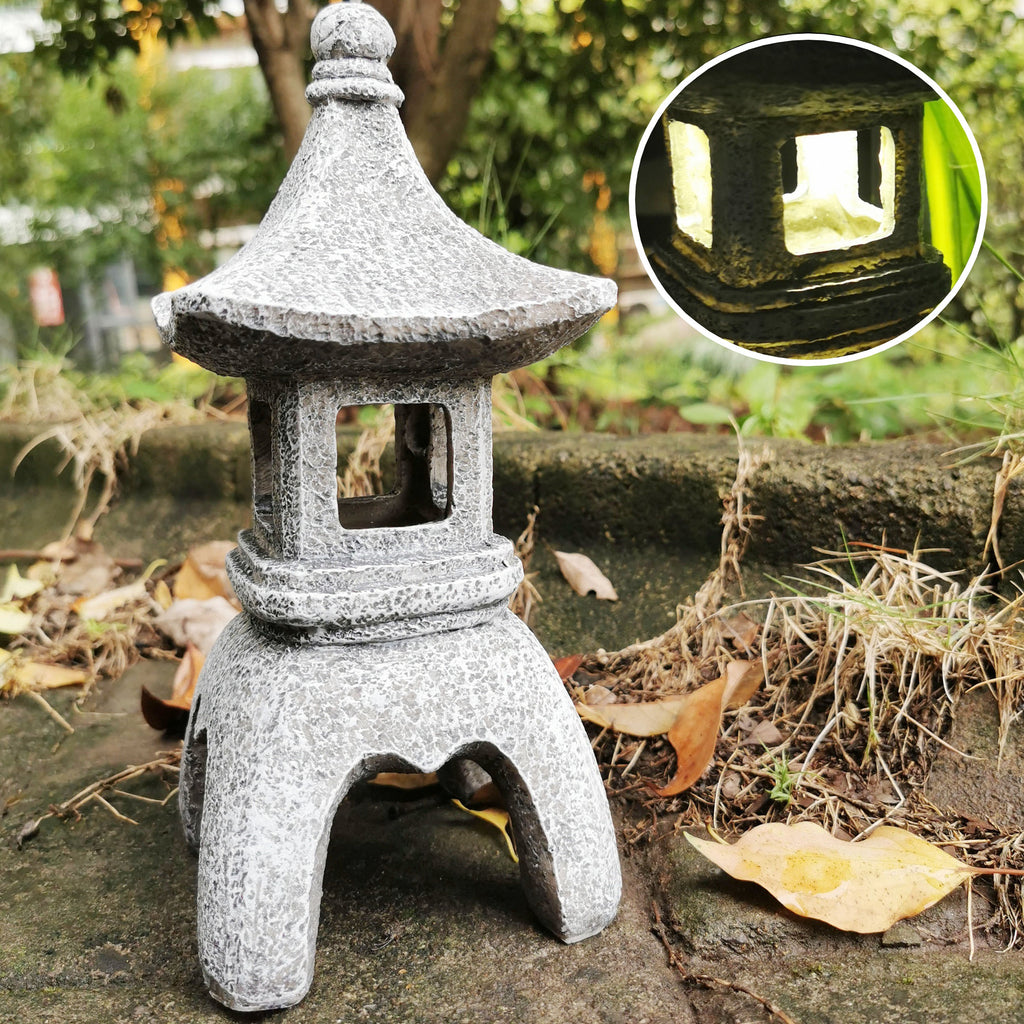 Solar Asian Zen Pagoda Garden Statue 25cm, Outdoor Lawn Yard Ornament Zen Garden Decor Oriental Lantern