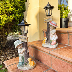 Garden Statue with Solar Lights Shy Boy and Puppy with Welcome