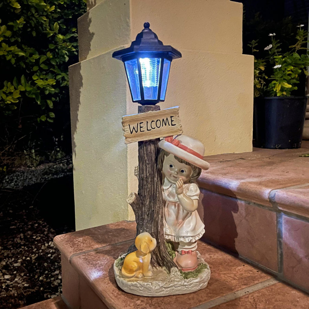 Garden Statue with Solar Lights Shy Girl and Puppy with Welcome Sign Large 50cm Height