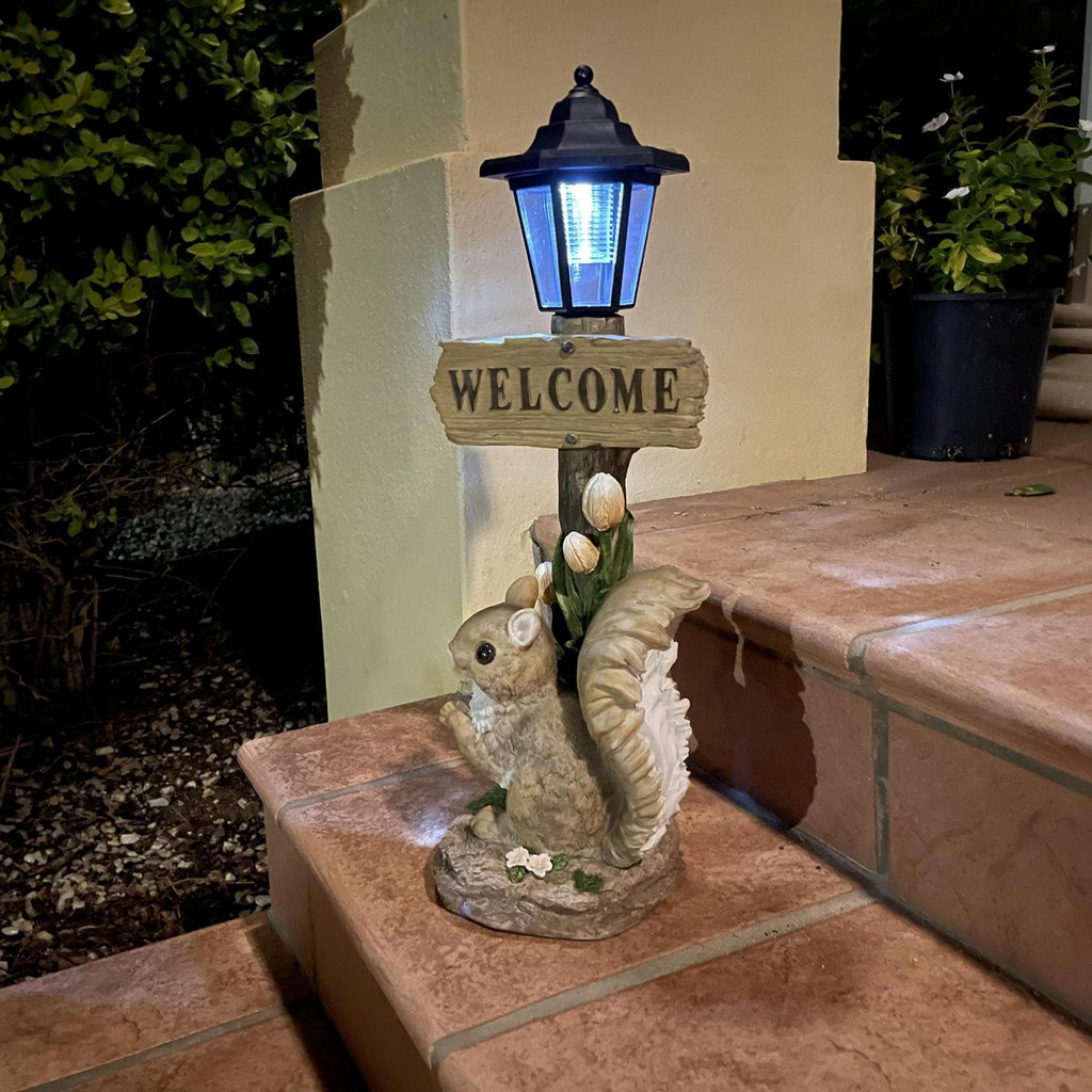 Garden Statue with Solar Lights Squirrels Welcome Sign Home Greeting Large 50cm Height