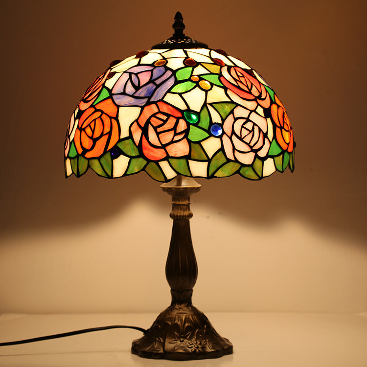 Rose Tiffany-Style Table Lamp with Lotus Base