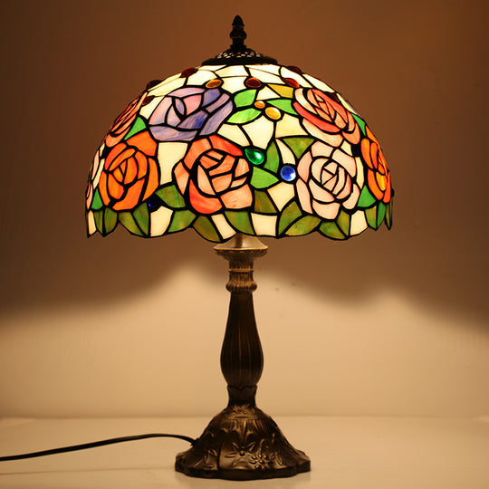 Rose Tiffany Style Table Lamp with Lotus Base