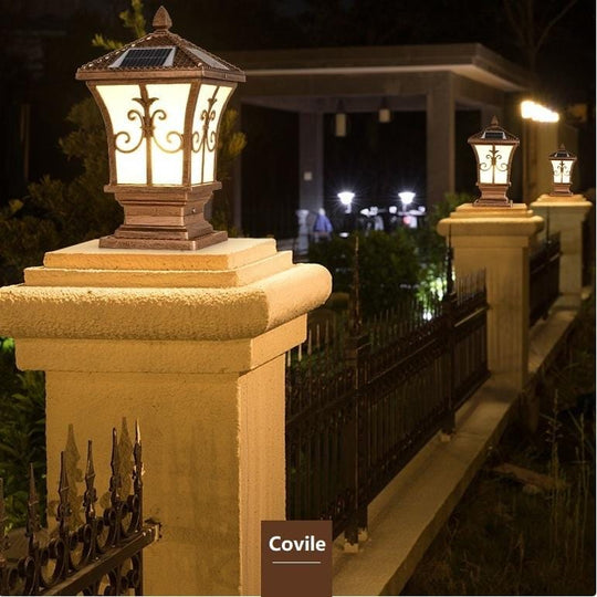 Exquisite Coach Retro Brushed Brass Pillar Solar Lights Post Top